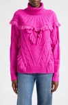 Ramy Brook Mya Cable Stitch Fring Turtleneck Sweater In Electric Pink