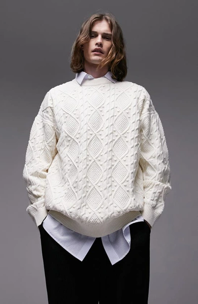 Topman Multi Stitch Cable Knit Sweater In Ecru-white