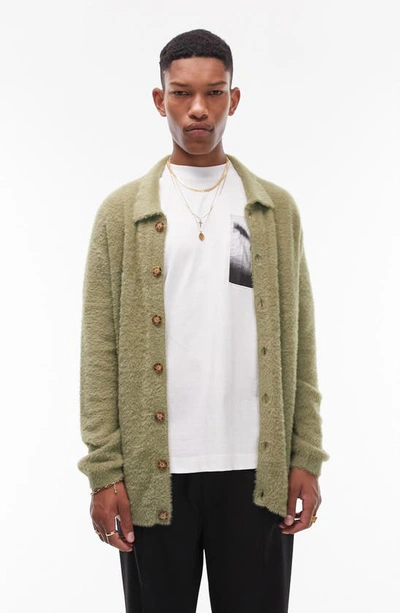 Topman Fluffy Knit Cardigan In Khaki-green