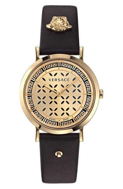 Versace Women's Swiss New Generation Black Leather Strap Watch 36mm In Ip Yellow Gold