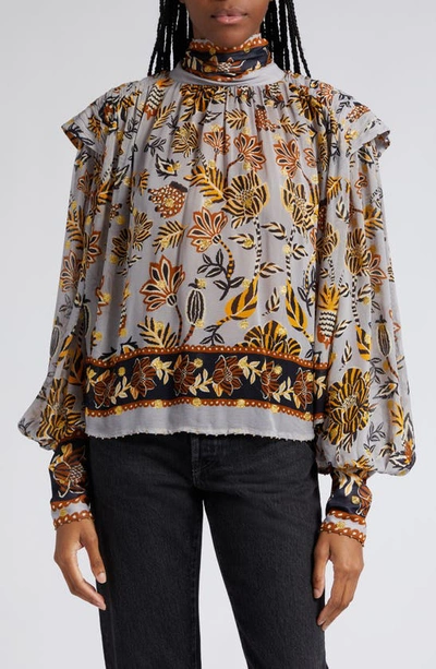 Farm Rio Metallic Floral Beehive Tapestry Long Sleeve Blouse In Silver