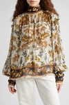 FARM RIO METALLIC FLORAL BEEHIVE TAPESTRY LONG SLEEVE BLOUSE