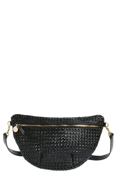 Clare V Grande Woven Leather Belt Bag In Black Rattan