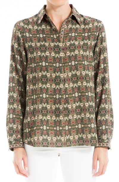 Max Studio Roll Sleeve Popover Shirt In Olive/ Peach Baroque Wallpaper