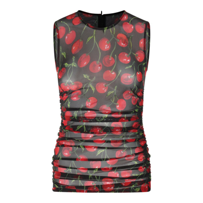 Dolce & Gabbana Cherry Printed Sleeveless Tulle Top In Multi