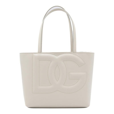 Dolce & Gabbana Small Dg Logo Leather Tote Bag In White