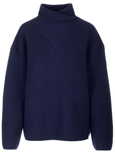 Totême Wrapped Neck Knit Sweater In Navy