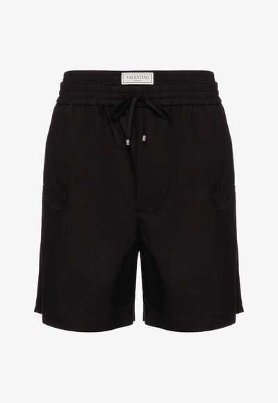 Valentino Logo-patch Cotton Drawstring Shorts In Black