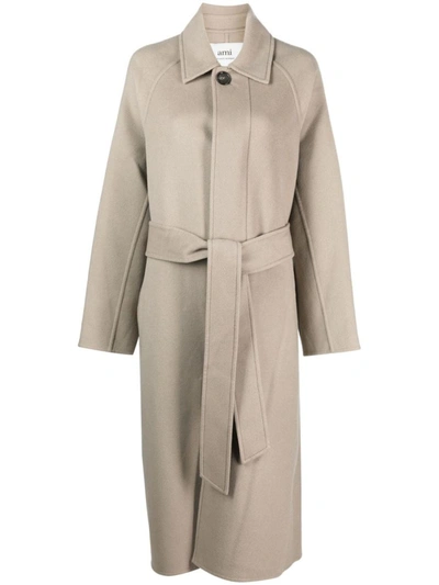 Ami Alexandre Mattiussi Long Belted Coat In Clay