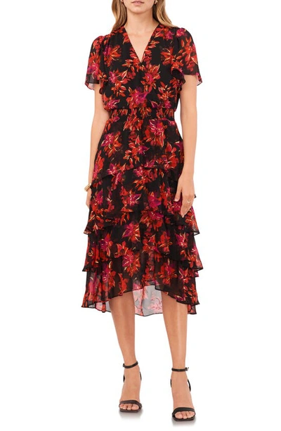 Vince Camuto Floral Tiered Dress In Black