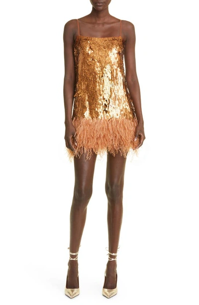 Johanna Ortiz Chemical Attraction Sequin-embellished Feather-trim Mini Dress In Gold