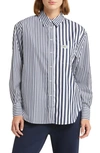 Lacoste X Bandier Mix Stripe Cotton Button-up Shirt In Marine/ Blanc