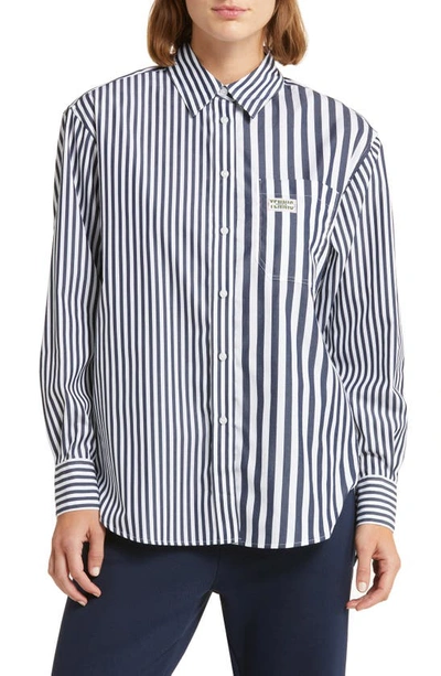 Lacoste X Bandier Mix Stripe Cotton Button-up Shirt In Marine/ Blanc