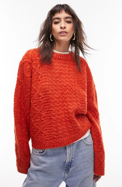 Topshop Cable Knit Crewneck Sweater In Orange