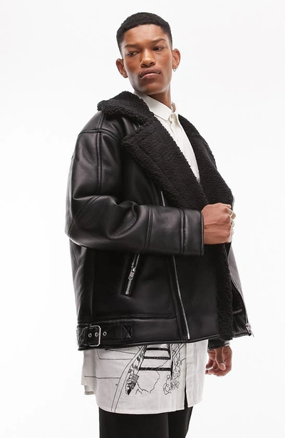 Topman Faux Shearling Moto Jacket In Black
