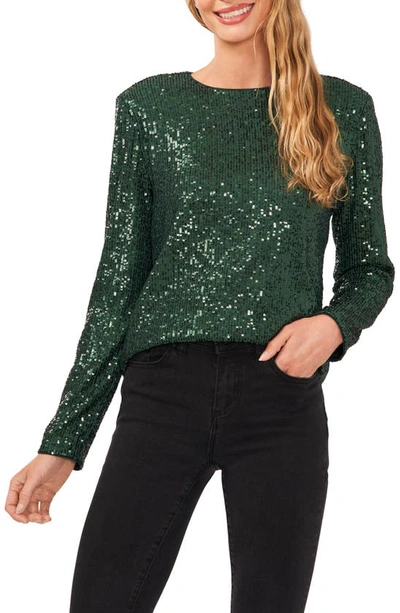 Cece Sequin Long Sleeve Top In Alpine Green
