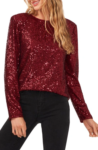 Cece Sequin Long Sleeve Top In Dark Wine