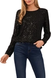 Cece Sequin Long Sleeve Top In Rich Black