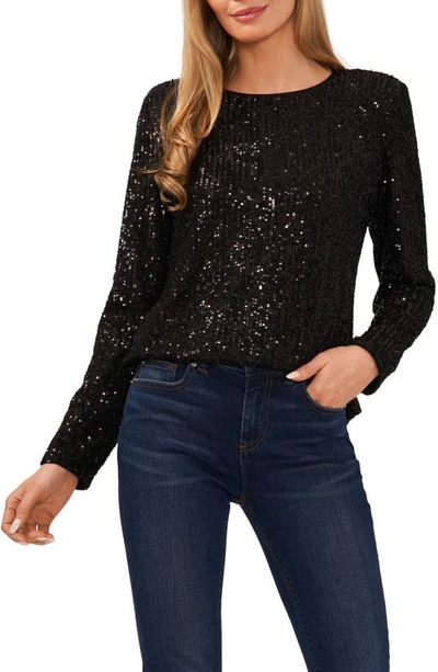 Cece Sequin Long Sleeve Top In Rich Black