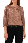 Vince Camuto Sequin Keyhole Neck Blouse In Fox Trot