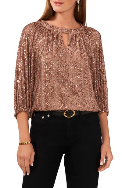 Vince Camuto Sequin Keyhole Neck Blouse In Fox Trot