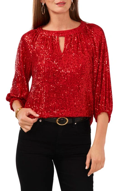 Vince Camuto Sequin Keyhole Neck Blouse In Ultra Red