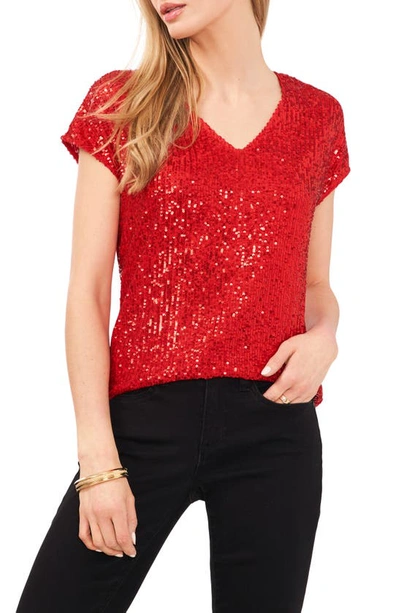 Vince Camuto Sequin Cap Sleeve Top In Ultra Red