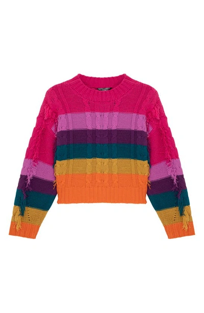 Truce Kids' Stripe Fringe Cable Sweater In Pink Multi