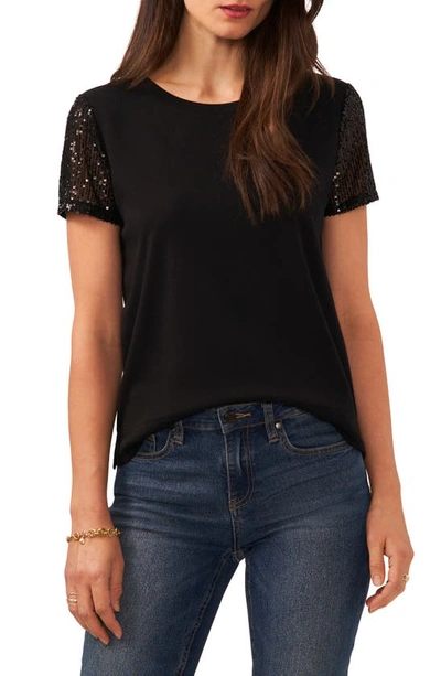 Vince Camuto Sequin Sleeve Cotton Blend Top In Rich Black