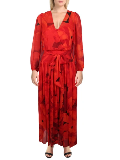 Calvin Klein Womens Belted Long Maxi Dress In Red