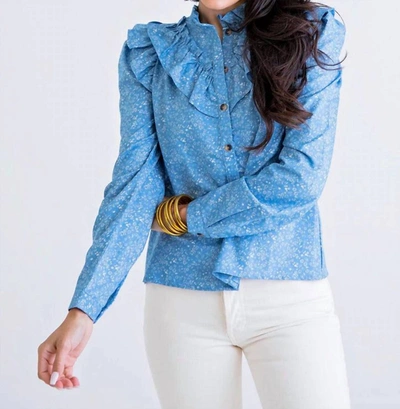 Karlie Floral Ruffle Top In Chambray In Blue