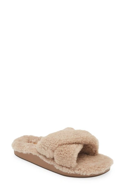 Olukai Hila Heu Genuine Shearling Slipper In Tan/tan