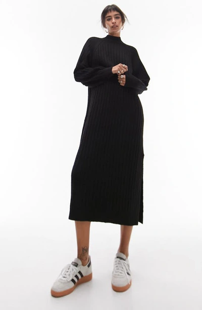 Topshop Wide Rib Mock Neck Long Sleeve Midi Sweater Dress In Black