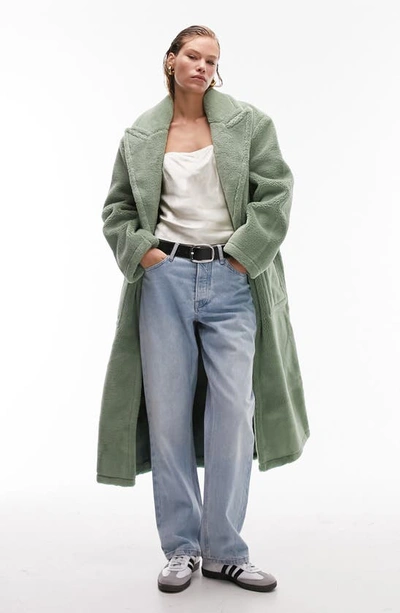 Topshop High Pile Fleece Longline Coat In Light Green