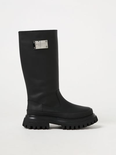 Dolce & Gabbana Kids' Leather Boots With Logo Plaque In Black