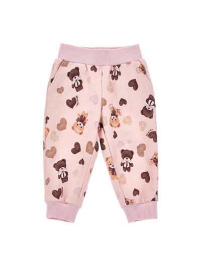 Monnalisa Fleece Trousers With All-over Print In Pink
