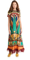 La Doublej Printed Swing Dress With Feather Trim In Philae Placée