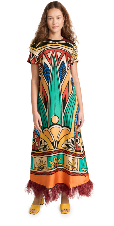 La Doublej Printed Swing Dress With Feather Trim In Philae