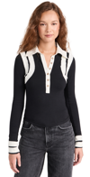 Free People Wednesday Accent Stripe Long Sleeve Stretch Cotton Polo In Black Combo