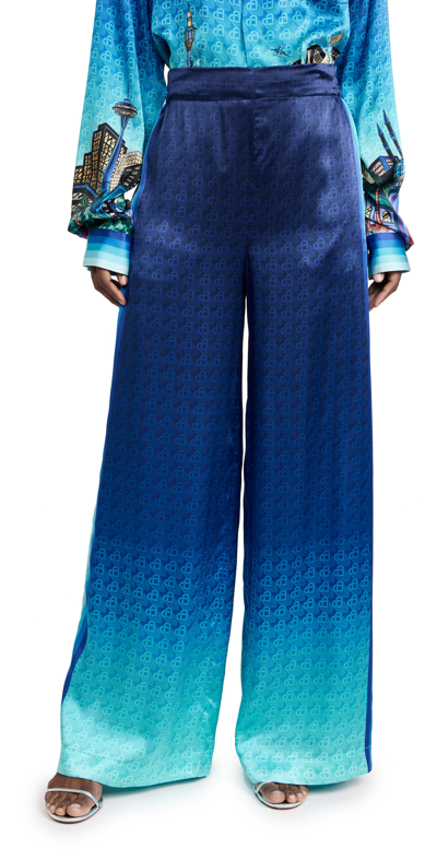 Casablanca Monogram Print Wide-leg Silk Trousers In Blue