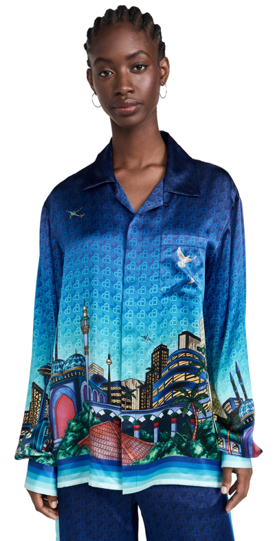 Casablanca Monogram Graphic-print Cuban-collar Long-sleeve Silk Shirt In Blue
