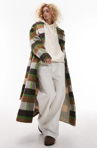 Topshop 20% Wool Brushed Check Coat In Cream And Green