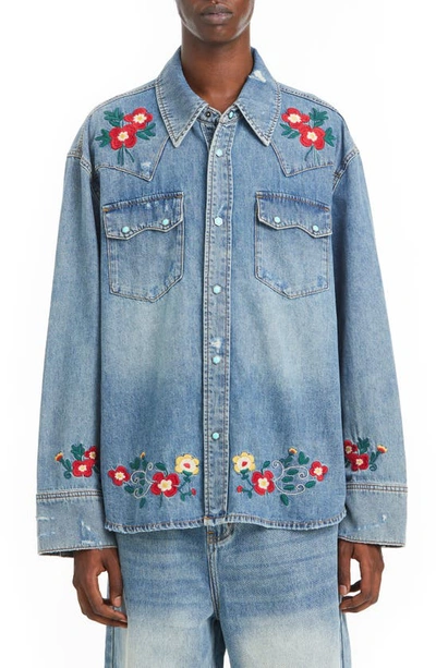 Profound Floral Embroidery Denim Shirt In Blue