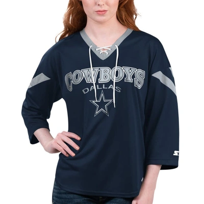 STARTER STARTER NAVY DALLAS COWBOYS RALLY LACE-UP 3/4-SLEEVE T-SHIRT