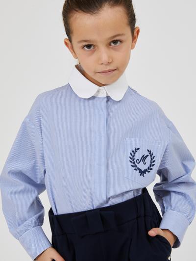 Monnalisa Kids'   Stretch Cotton Shirt In Cream+vintage Blue