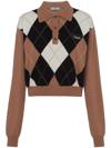 PRADA BROWN ARGYLE CASHMERE POLO TOP