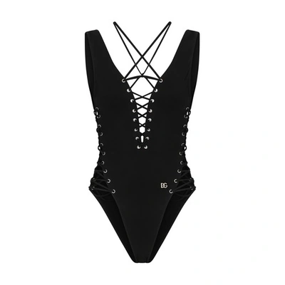 Dolce & Gabbana One-piece Swimsuit With Plunging Neckline And Lacing And Eyelets In Black