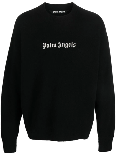Palm Angels Logo-intarsia Crew-neck Jumper In Black