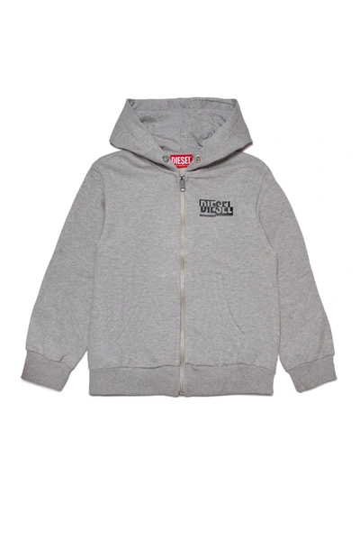 Diesel Kids' Hooded Cotton Sweatshirt With Zip And Sectioned Logo In Grey