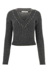 Alessandra Rich Wool Knit Sweater With Studs And Crystals In Greymelange
